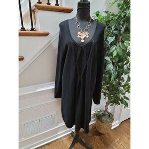 Nature Women's Solid Black Cotton Scoop Neck Long Sleeve Knee Length Dress XL